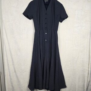 Kay Unger New York 100% Silk Polka Dot Midi Dress Navy Blue Size 8 Short Sleeve